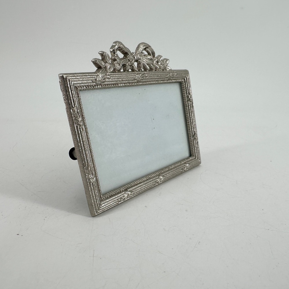 Silver Tone Ornate Mini Picture Frame with Bow Detail Rectangular Horizontal